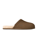 A single UGG slip-on mule slipper in brown suede with a beige shearling lining, shown in a side profile on a white background.