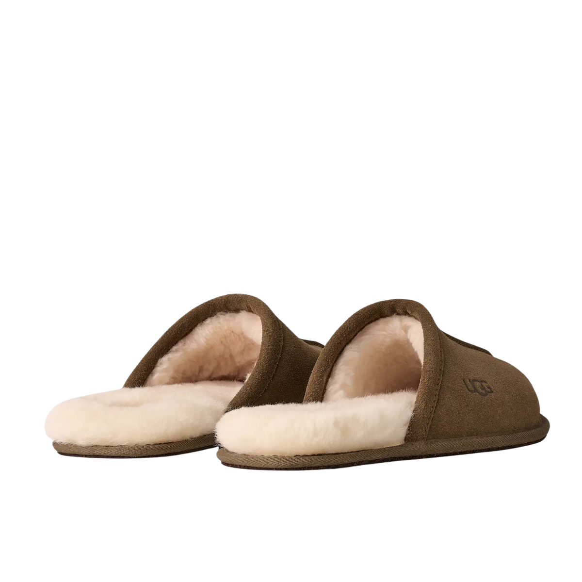 A pair of slip-on slippers with a brown suede-like upper and a soft cream-colored shearling lining, shown against a plain white background.