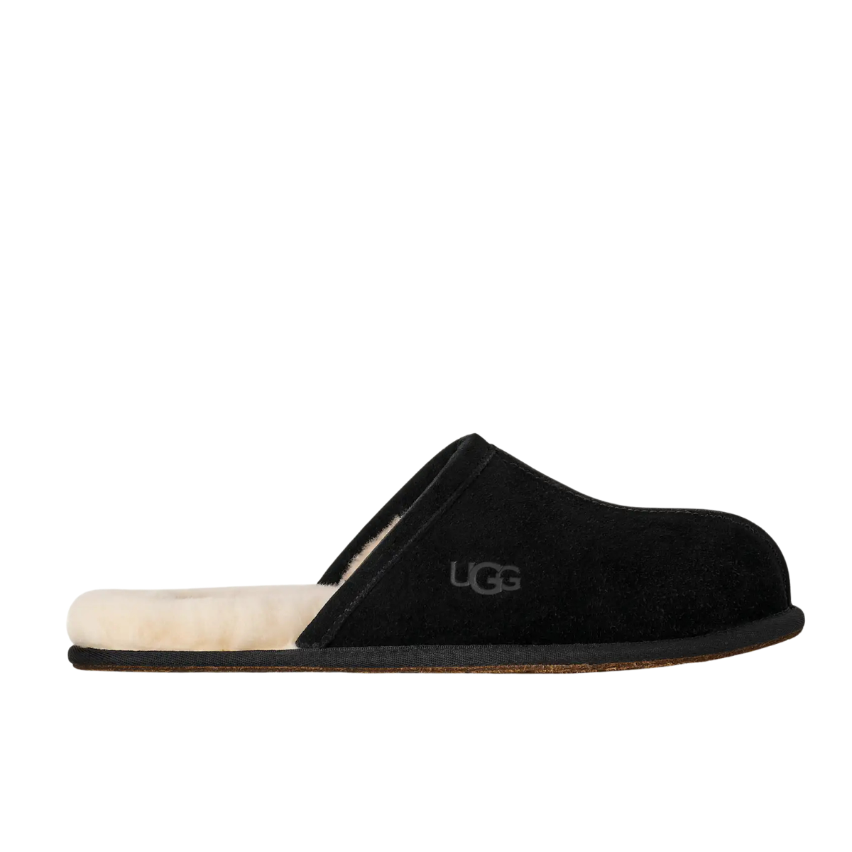 A single black suede UGG slip-on mule slipper with a cream-colored shearling lining, shown in a side profile on a white background.