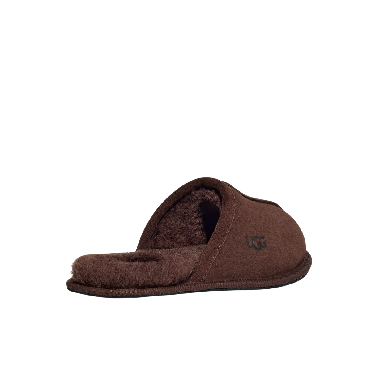 A single brown UGG slip-on slipper with a soft, plush fleece lining, shown from a side profile against a solid white background.