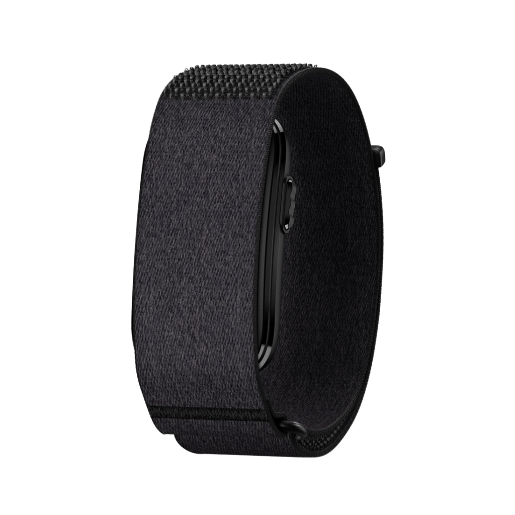 A black textured fabric smartwatch band shown from a side profile view against a solid white background.