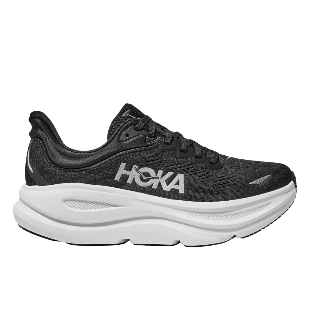 Black Hoka running shoe on a white background